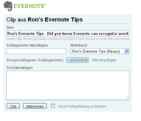 Evernote Site Memory